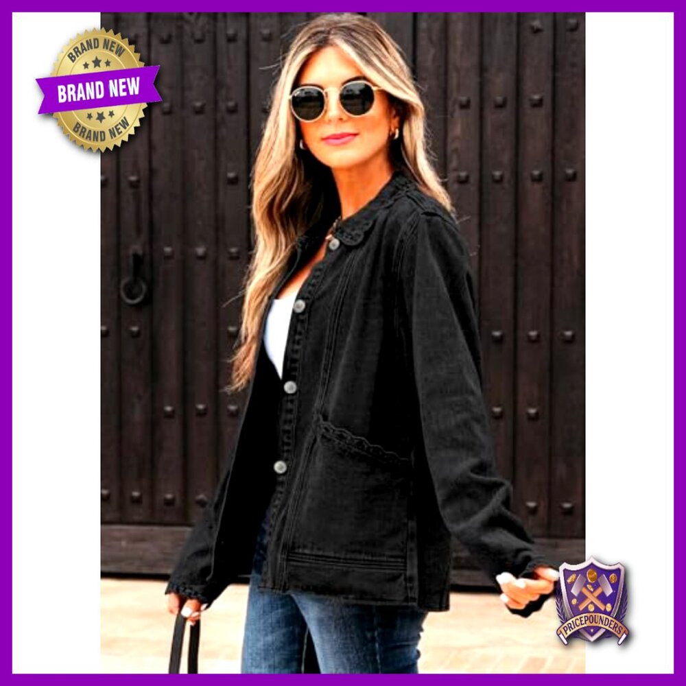 Oversized Denim Jacket Button Down Ruffled Shacke… - image 3